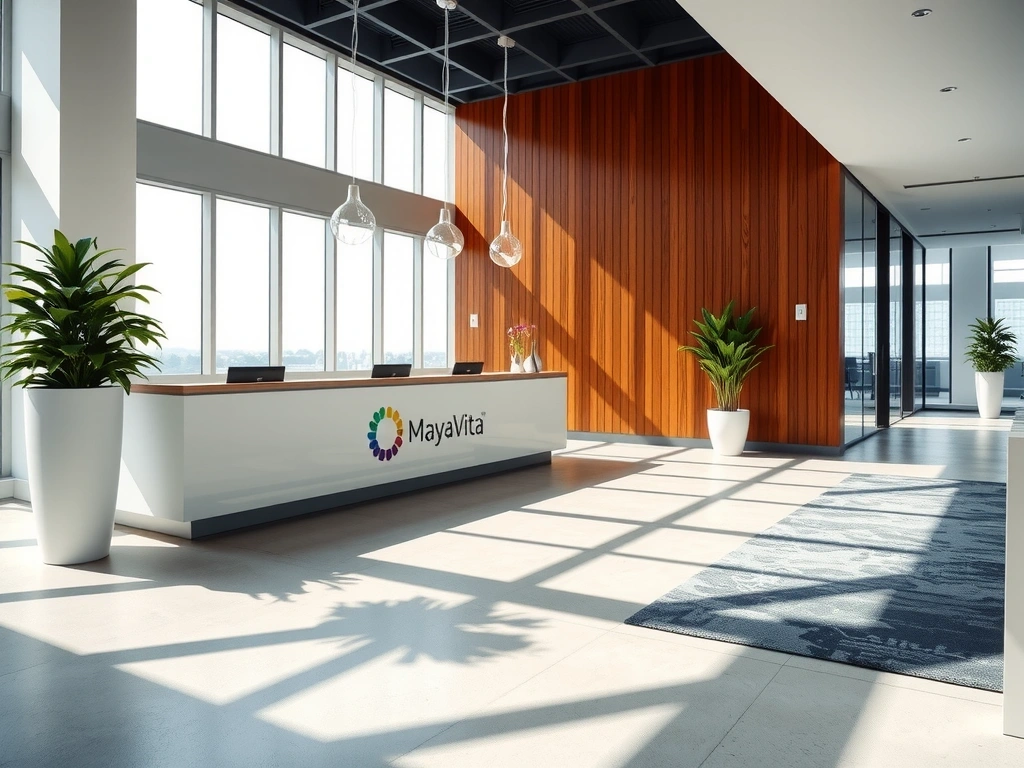 Oficina de MayaVita con un diseño moderno y plantas verdes, símbolo de bienestar.