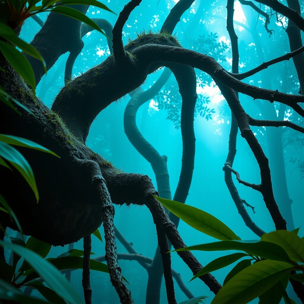 Misteriosa selva ancestral con tonos turquesa y jade, simbolizando la sabiduría de MayaVita.