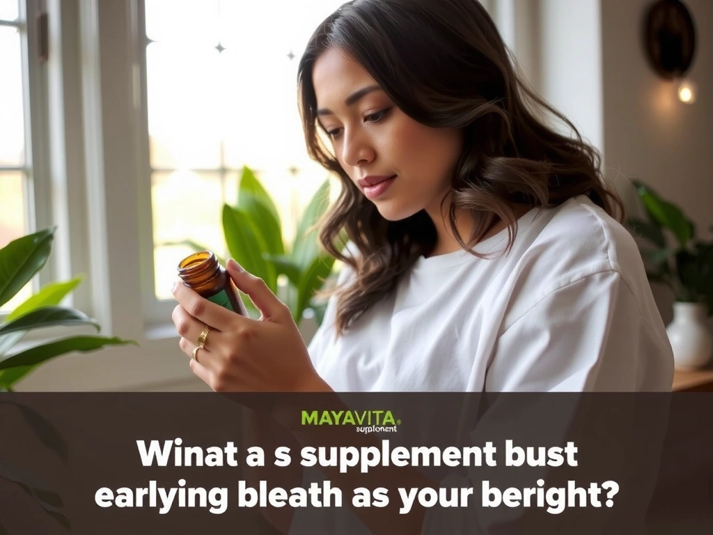 Mujer leyendo la etiqueta de un suplemento de MayaVita, con un ambiente natural y tranquilo de fondo.