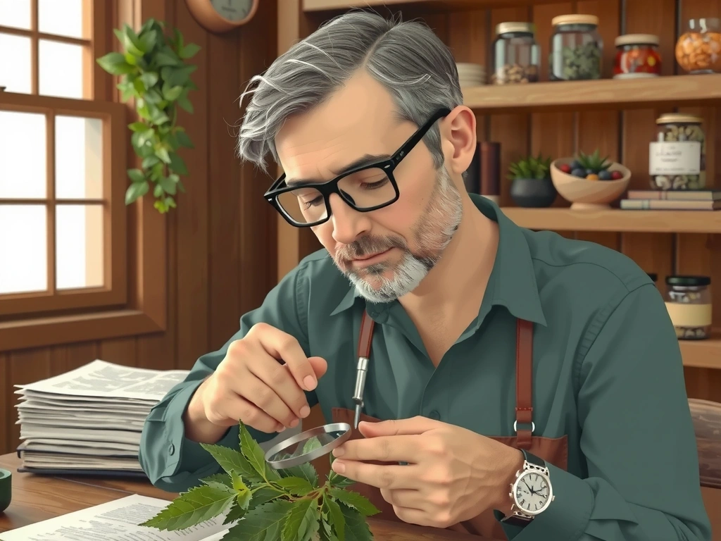 Ilustración de un herbolario examinando una planta medicinal con lupa, rodeado de libros antiguos y frascos con hierbas, en un ambiente cálido y natural.